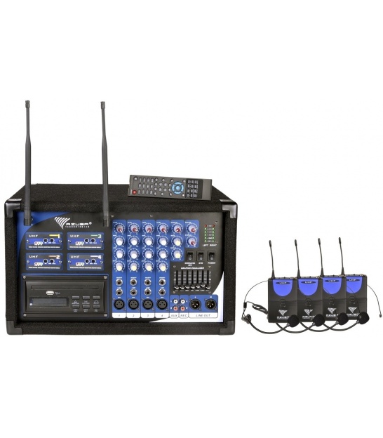 Zestaw PA-180 UHF AZUSA powermikser 2x200W + 4 bezprzewodowe mikrofony nagłowne